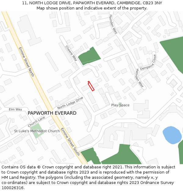 11, NORTH LODGE DRIVE, PAPWORTH EVERARD, CAMBRIDGE, CB23 3NY: Location map and indicative extent of plot