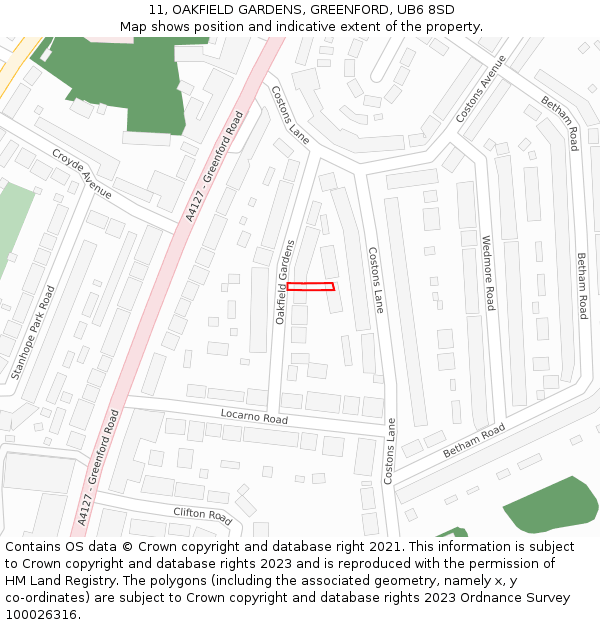 11, OAKFIELD GARDENS, GREENFORD, UB6 8SD: Location map and indicative extent of plot