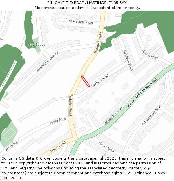 11, OAKFIELD ROAD, HASTINGS, TN35 5AX: Location map and indicative extent of plot