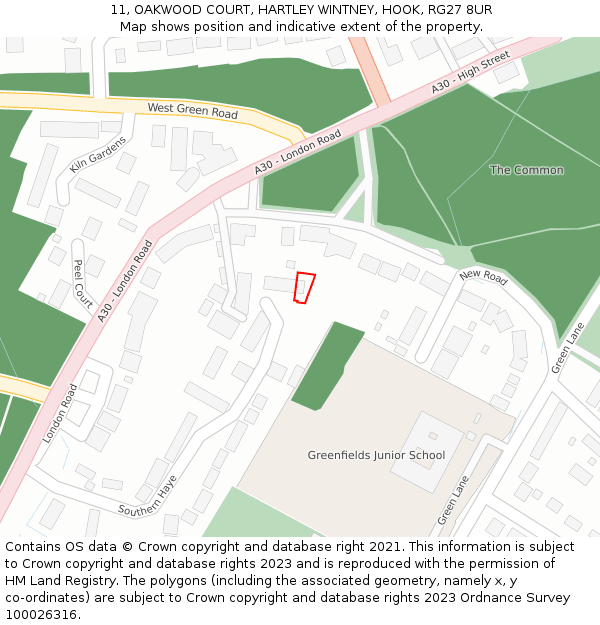 11, OAKWOOD COURT, HARTLEY WINTNEY, HOOK, RG27 8UR: Location map and indicative extent of plot