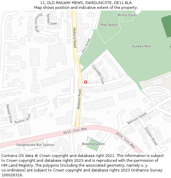 11, OLD RAILWAY MEWS, SWADLINCOTE, DE11 8LA: Location map and indicative extent of plot