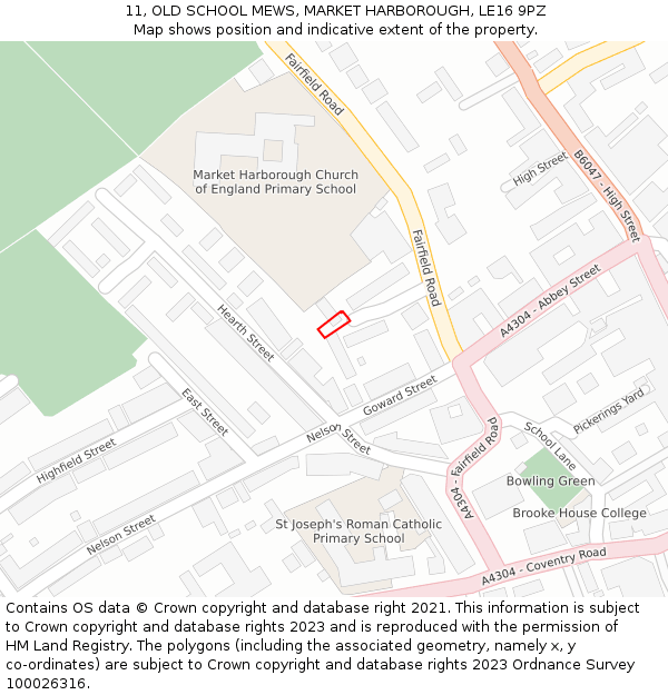 11, OLD SCHOOL MEWS, MARKET HARBOROUGH, LE16 9PZ: Location map and indicative extent of plot