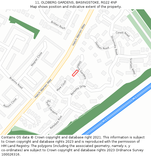 11, OLDBERG GARDENS, BASINGSTOKE, RG22 4NP: Location map and indicative extent of plot
