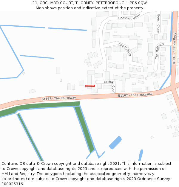 11, ORCHARD COURT, THORNEY, PETERBOROUGH, PE6 0QW: Location map and indicative extent of plot