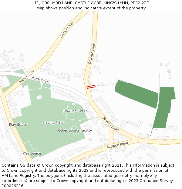 11, ORCHARD LANE, CASTLE ACRE, KING'S LYNN, PE32 2BE: Location map and indicative extent of plot