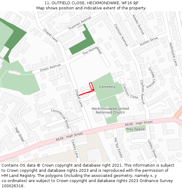 11, OUTFIELD CLOSE, HECKMONDWIKE, WF16 9JF: Location map and indicative extent of plot