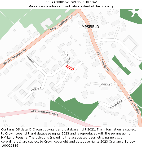 11, PADBROOK, OXTED, RH8 0DW: Location map and indicative extent of plot