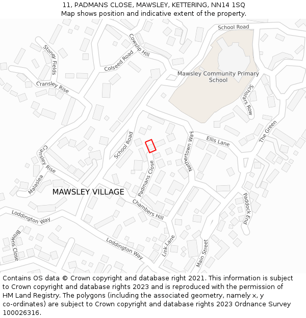 11, PADMANS CLOSE, MAWSLEY, KETTERING, NN14 1SQ: Location map and indicative extent of plot