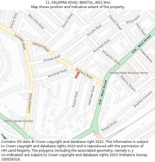 11, PALMYRA ROAD, BRISTOL, BS3 3HU: Location map and indicative extent of plot