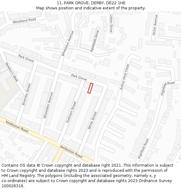 11, PARK GROVE, DERBY, DE22 1HE: Location map and indicative extent of plot