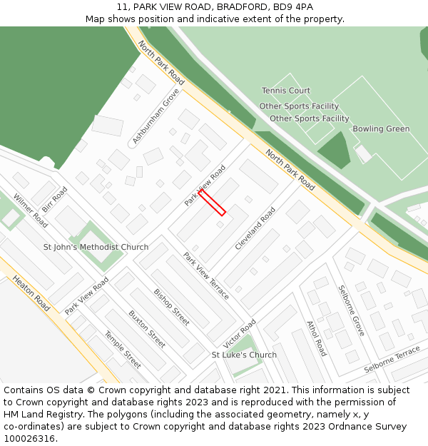 11, PARK VIEW ROAD, BRADFORD, BD9 4PA: Location map and indicative extent of plot