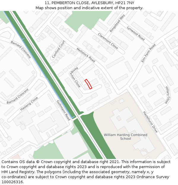 11, PEMBERTON CLOSE, AYLESBURY, HP21 7NY: Location map and indicative extent of plot