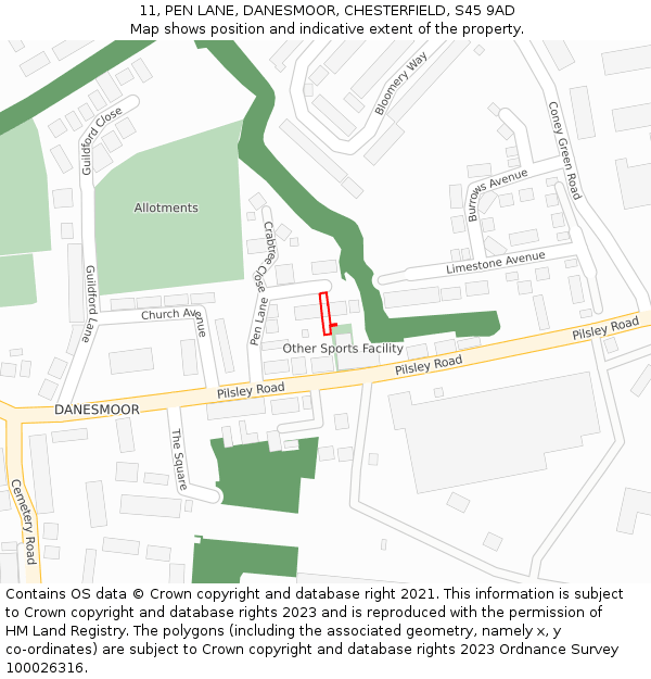 11, PEN LANE, DANESMOOR, CHESTERFIELD, S45 9AD: Location map and indicative extent of plot