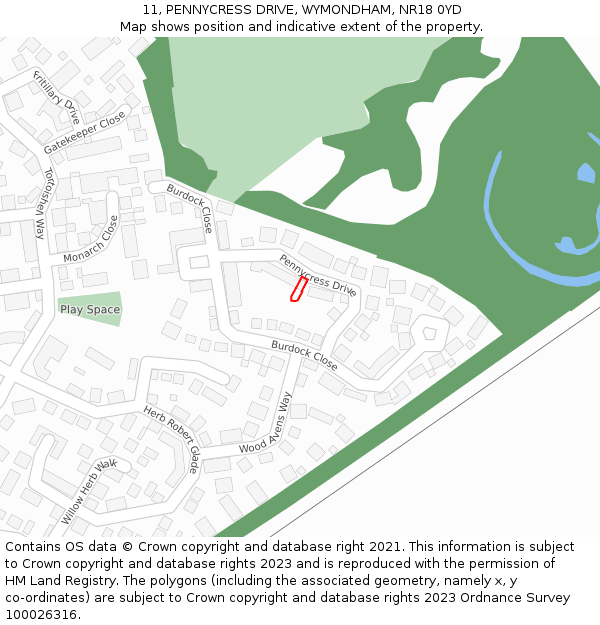 11, PENNYCRESS DRIVE, WYMONDHAM, NR18 0YD: Location map and indicative extent of plot