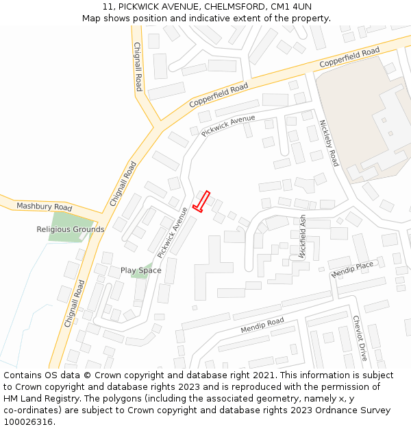 11, PICKWICK AVENUE, CHELMSFORD, CM1 4UN: Location map and indicative extent of plot