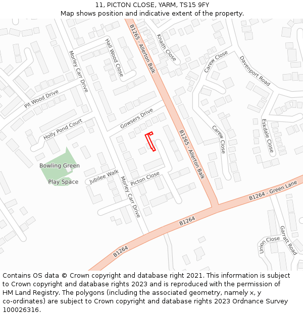 11, PICTON CLOSE, YARM, TS15 9FY: Location map and indicative extent of plot