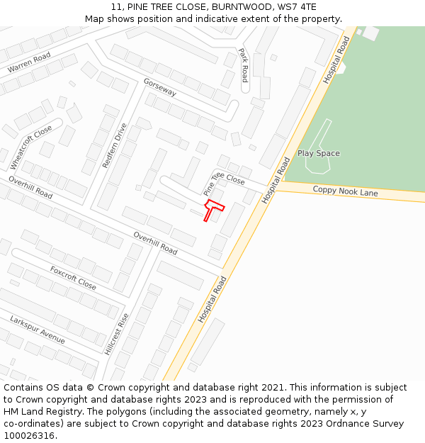 11, PINE TREE CLOSE, BURNTWOOD, WS7 4TE: Location map and indicative extent of plot