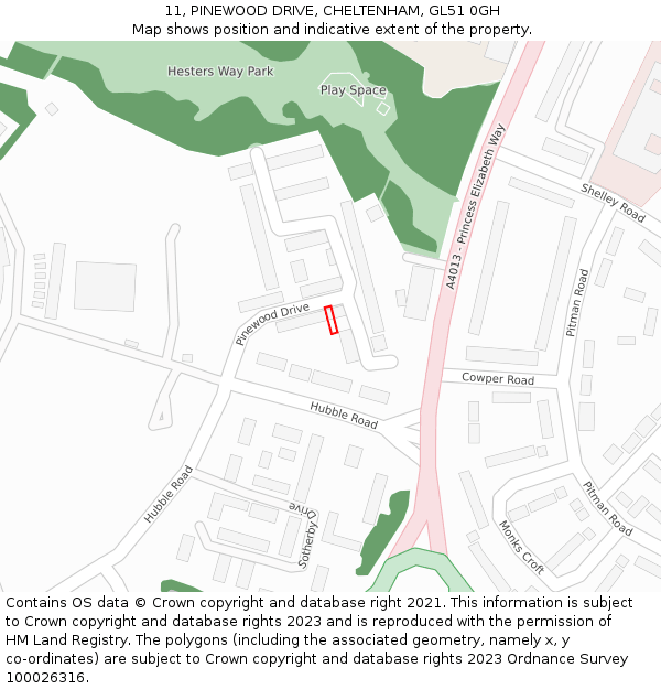 11, PINEWOOD DRIVE, CHELTENHAM, GL51 0GH: Location map and indicative extent of plot