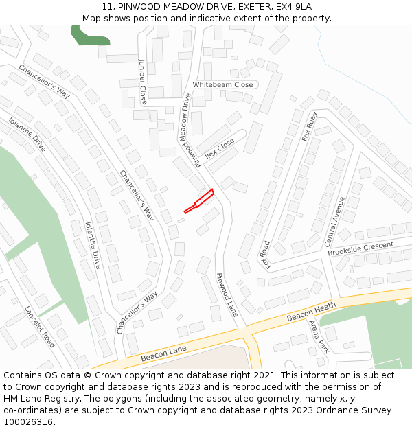 11, PINWOOD MEADOW DRIVE, EXETER, EX4 9LA: Location map and indicative extent of plot