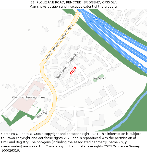 11, PLOUZANE ROAD, PENCOED, BRIDGEND, CF35 5LN: Location map and indicative extent of plot