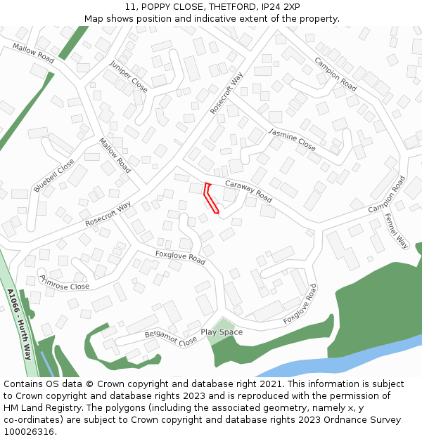 11, POPPY CLOSE, THETFORD, IP24 2XP: Location map and indicative extent of plot