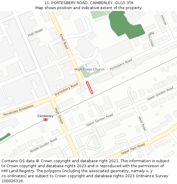 11, PORTESBERY ROAD, CAMBERLEY, GU15 3TA: Location map and indicative extent of plot