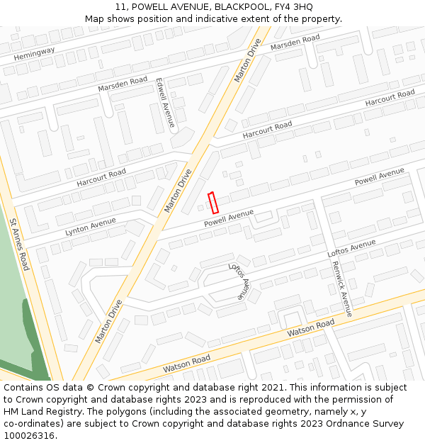 11, POWELL AVENUE, BLACKPOOL, FY4 3HQ: Location map and indicative extent of plot