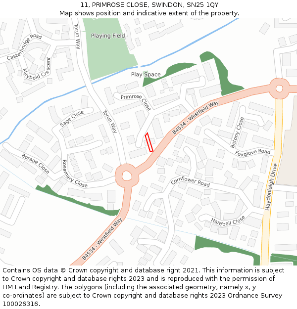 11, PRIMROSE CLOSE, SWINDON, SN25 1QY: Location map and indicative extent of plot