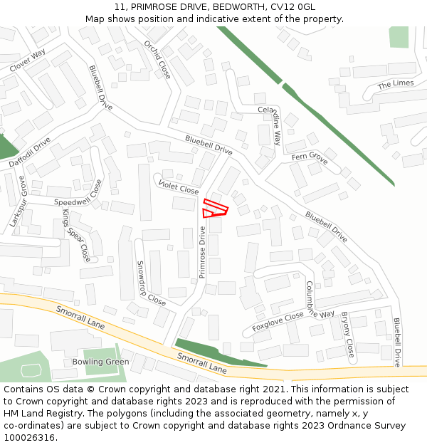 11, PRIMROSE DRIVE, BEDWORTH, CV12 0GL: Location map and indicative extent of plot