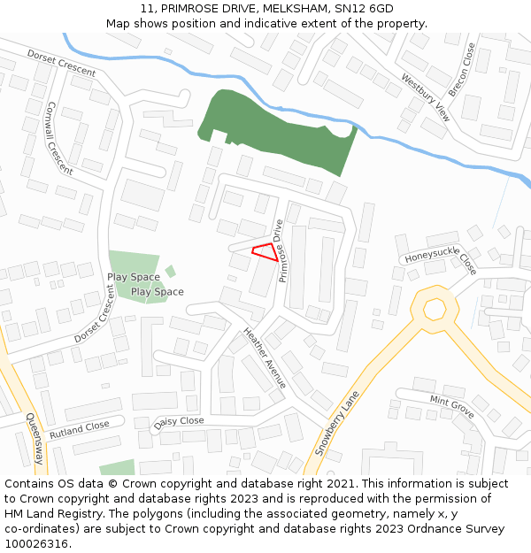 11, PRIMROSE DRIVE, MELKSHAM, SN12 6GD: Location map and indicative extent of plot