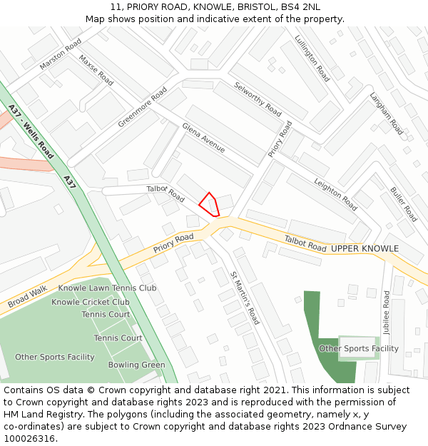11, PRIORY ROAD, KNOWLE, BRISTOL, BS4 2NL: Location map and indicative extent of plot