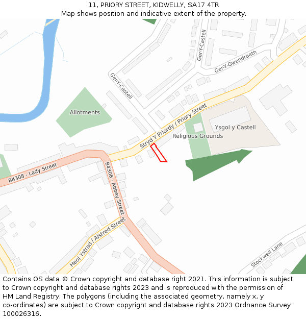11, PRIORY STREET, KIDWELLY, SA17 4TR: Location map and indicative extent of plot