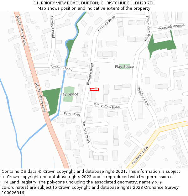 11, PRIORY VIEW ROAD, BURTON, CHRISTCHURCH, BH23 7EU: Location map and indicative extent of plot