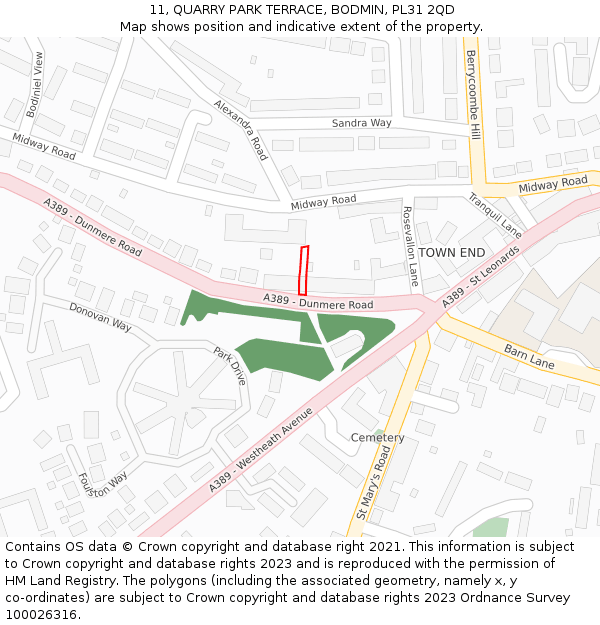 11, QUARRY PARK TERRACE, BODMIN, PL31 2QD: Location map and indicative extent of plot