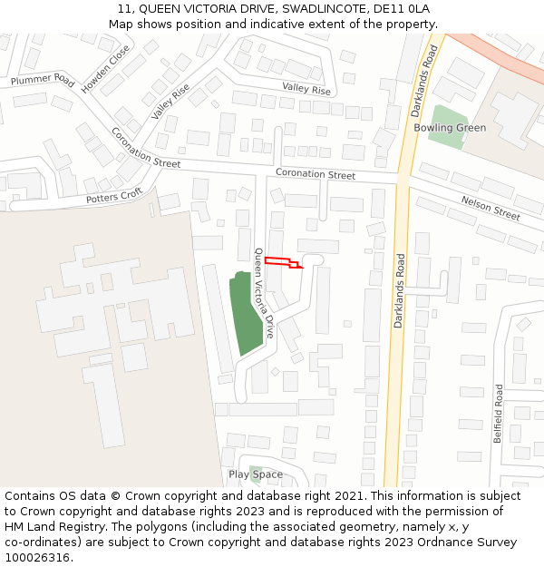 11, QUEEN VICTORIA DRIVE, SWADLINCOTE, DE11 0LA: Location map and indicative extent of plot