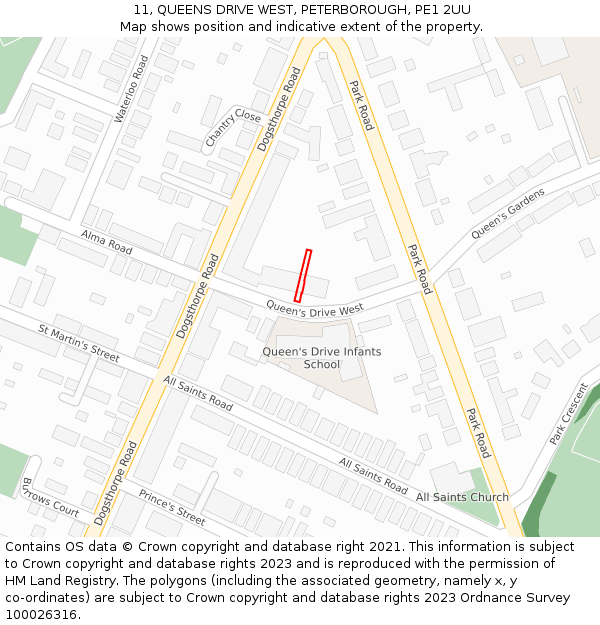 11, QUEENS DRIVE WEST, PETERBOROUGH, PE1 2UU: Location map and indicative extent of plot
