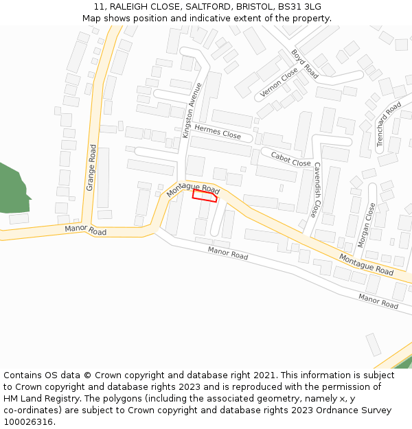 11, RALEIGH CLOSE, SALTFORD, BRISTOL, BS31 3LG: Location map and indicative extent of plot