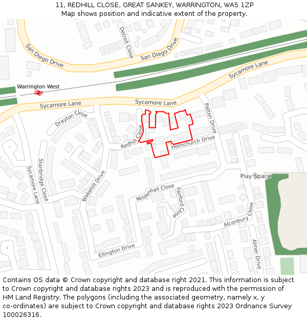 11, REDHILL CLOSE, GREAT SANKEY, WARRINGTON, WA5 1ZP: Location map and indicative extent of plot