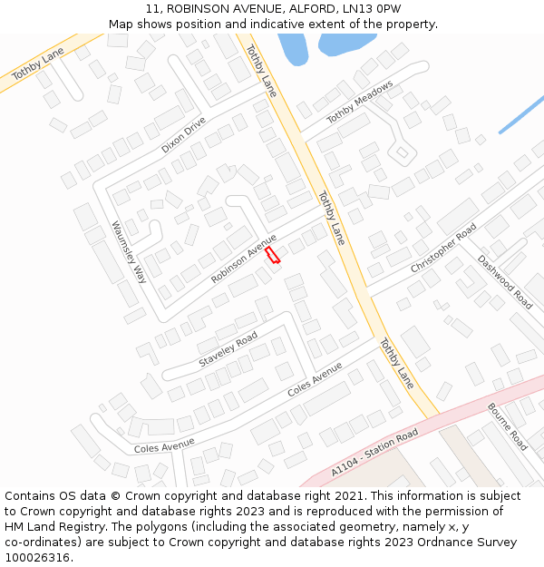 11, ROBINSON AVENUE, ALFORD, LN13 0PW: Location map and indicative extent of plot