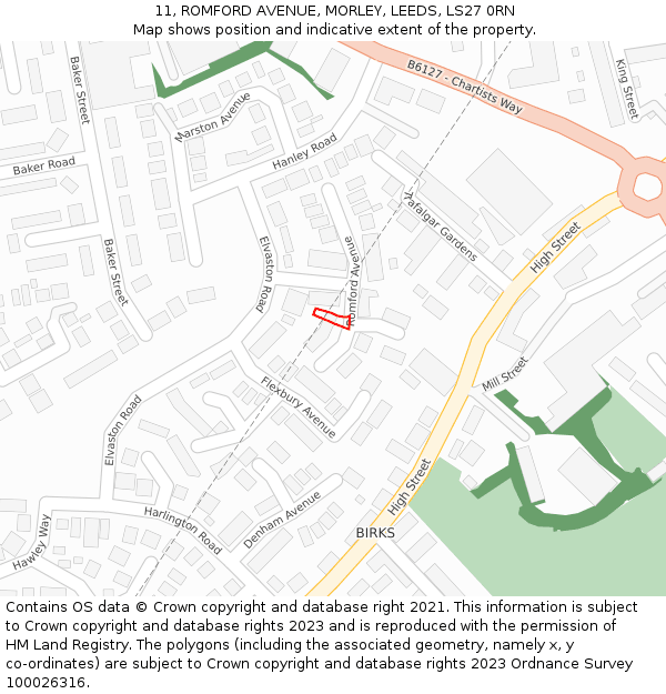 11, ROMFORD AVENUE, MORLEY, LEEDS, LS27 0RN: Location map and indicative extent of plot