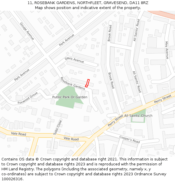 11, ROSEBANK GARDENS, NORTHFLEET, GRAVESEND, DA11 8RZ: Location map and indicative extent of plot