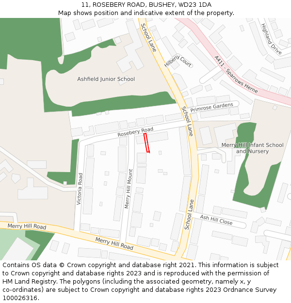 11, ROSEBERY ROAD, BUSHEY, WD23 1DA: Location map and indicative extent of plot