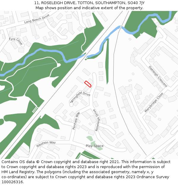 11, ROSELEIGH DRIVE, TOTTON, SOUTHAMPTON, SO40 7JY: Location map and indicative extent of plot