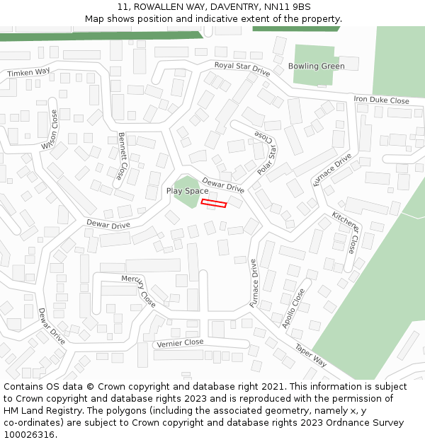 11, ROWALLEN WAY, DAVENTRY, NN11 9BS: Location map and indicative extent of plot