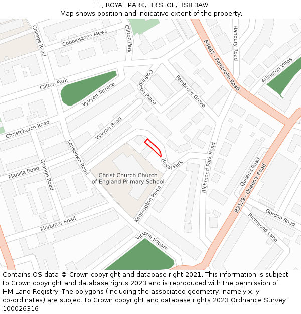 11, ROYAL PARK, BRISTOL, BS8 3AW: Location map and indicative extent of plot