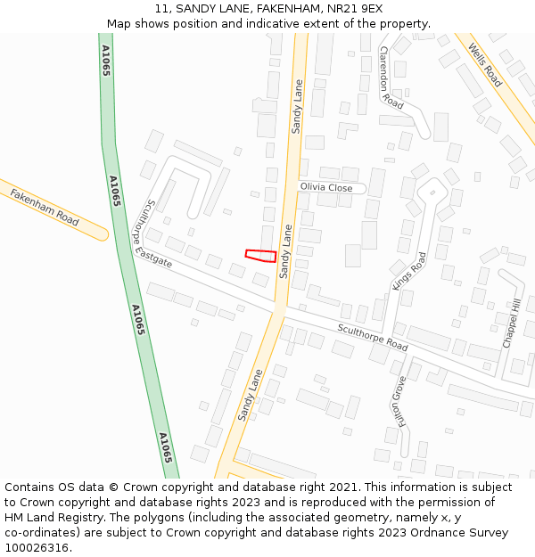 11, SANDY LANE, FAKENHAM, NR21 9EX: Location map and indicative extent of plot