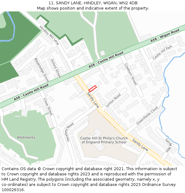 11, SANDY LANE, HINDLEY, WIGAN, WN2 4DB: Location map and indicative extent of plot