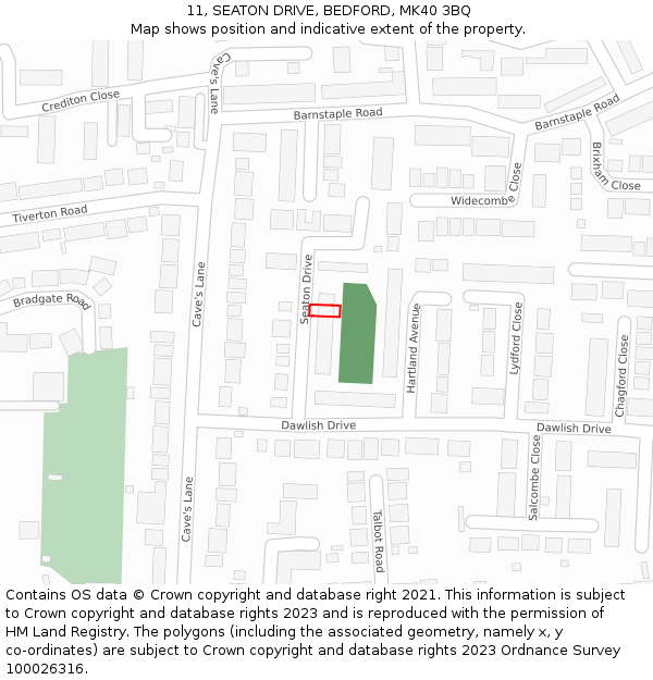 11, SEATON DRIVE, BEDFORD, MK40 3BQ: Location map and indicative extent of plot