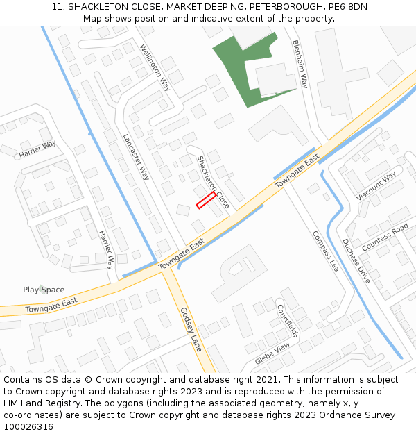 11, SHACKLETON CLOSE, MARKET DEEPING, PETERBOROUGH, PE6 8DN: Location map and indicative extent of plot