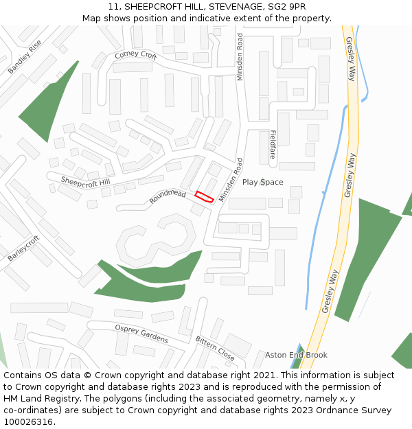 11, SHEEPCROFT HILL, STEVENAGE, SG2 9PR: Location map and indicative extent of plot
